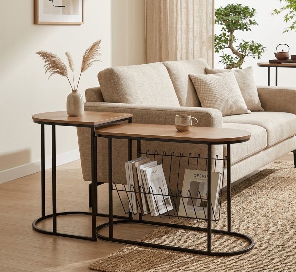 Bijzettafel Set van 2 – Industrieel Nesting Salontafel Set – Ruimtebesparend met Tijdschriftenrek – Houtlook & Zwart Metaal – Multifunctionele Sidetable