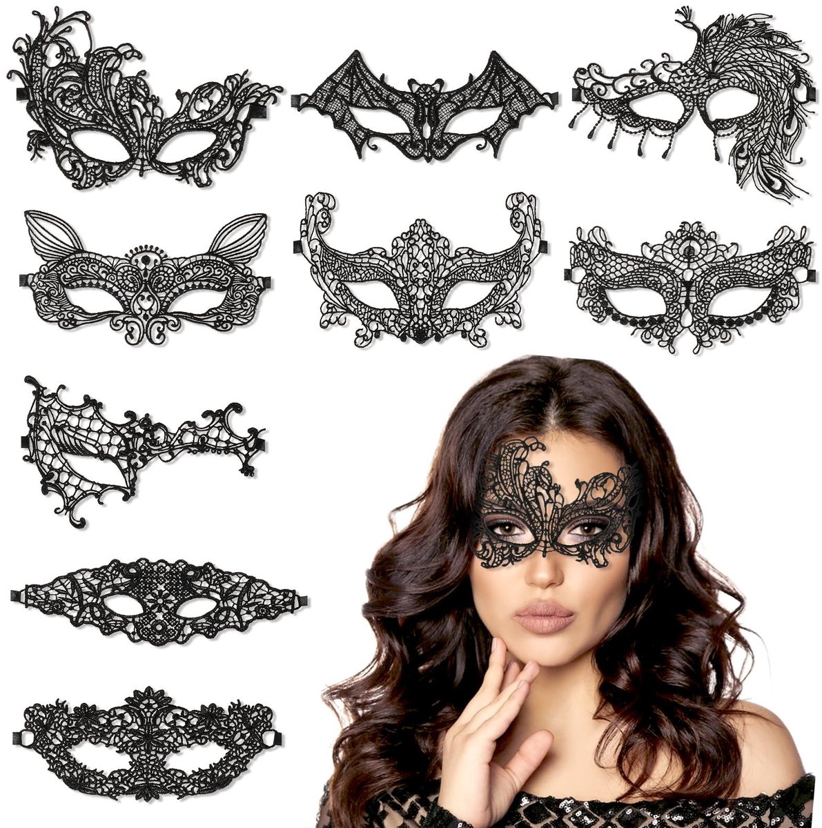 Dailygoods - Dailygoody - Halloween-masker - Kanten masker - Sexy feestmaskers - Zwart - Kostuummaskers - Perfect voor carnaval - Set van 9