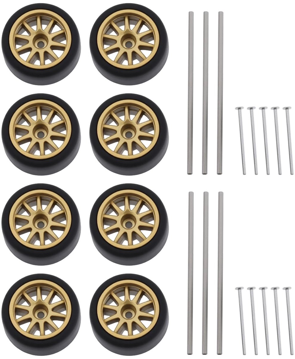 Dailygoods - Dailygoody - HO Scale Gouden Wielen - 2 Set - Inclusief Banden en Assen - Geschikt voor Aurora T-Jet RRR Modelauto's - Perfect voor Modelbouw - Modela...