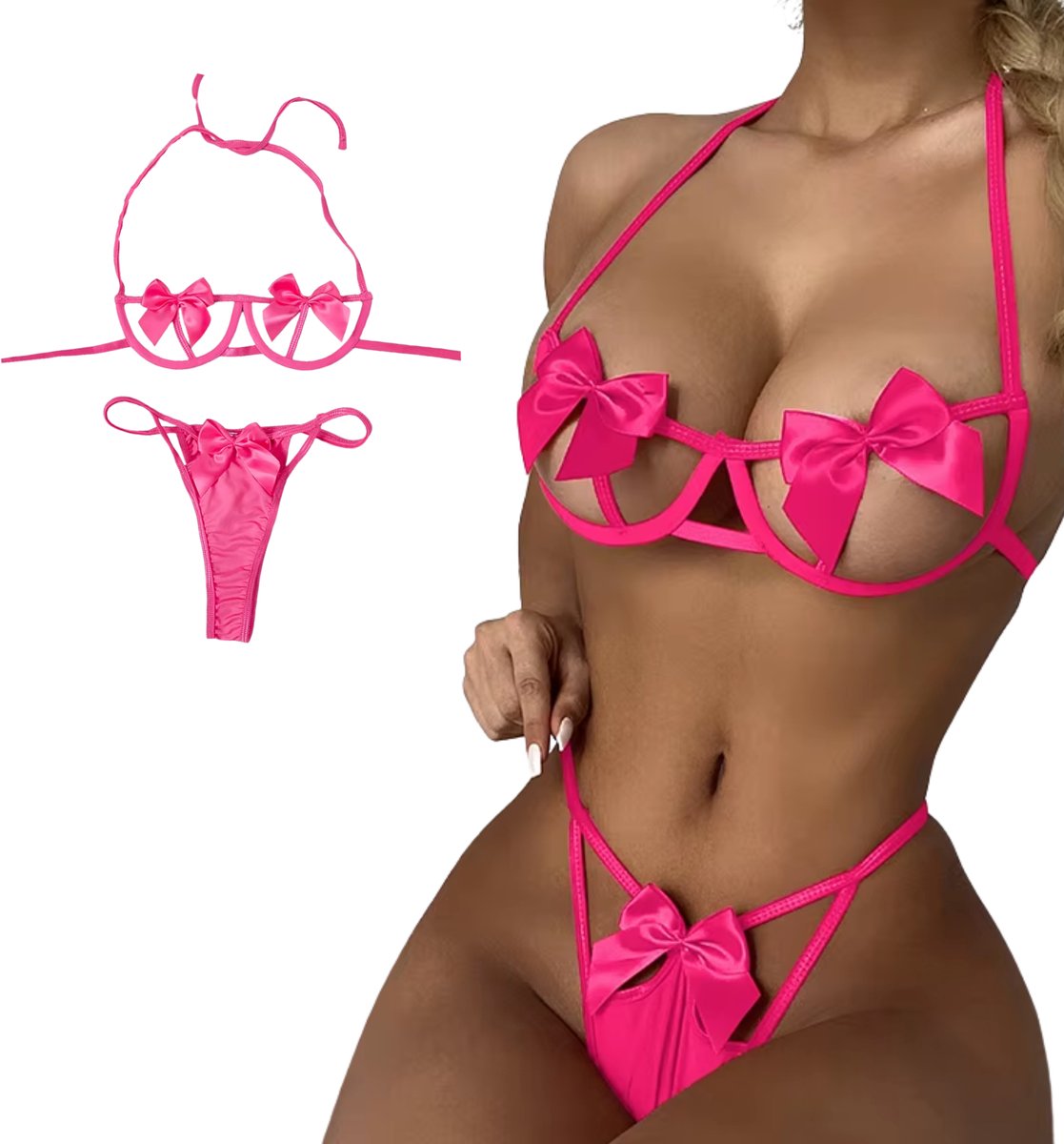 Sexy Dames Lingerieset – Roze - Met Strikken – Tweedelige Lingerie Set - Halter Bralette Met Strikjes - String - Ondergoed Voor Vrouwen - Maat XL