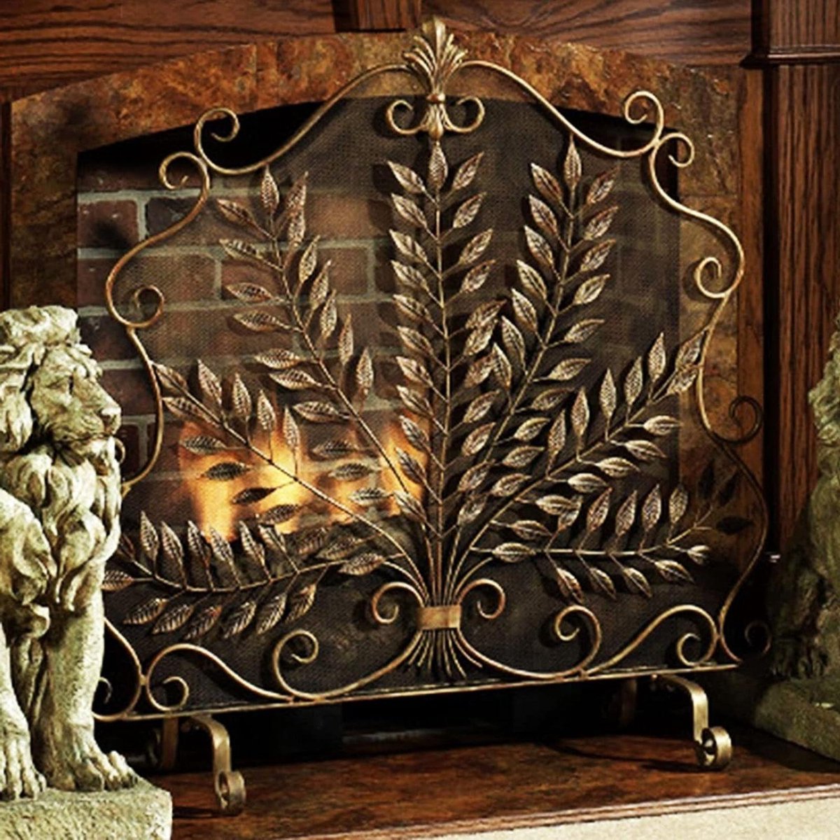 Haard Scherm - Vuur Bescherming - Veiligheid Binnen - Decoratief Bladontwerp - 85x85 cm - Goud