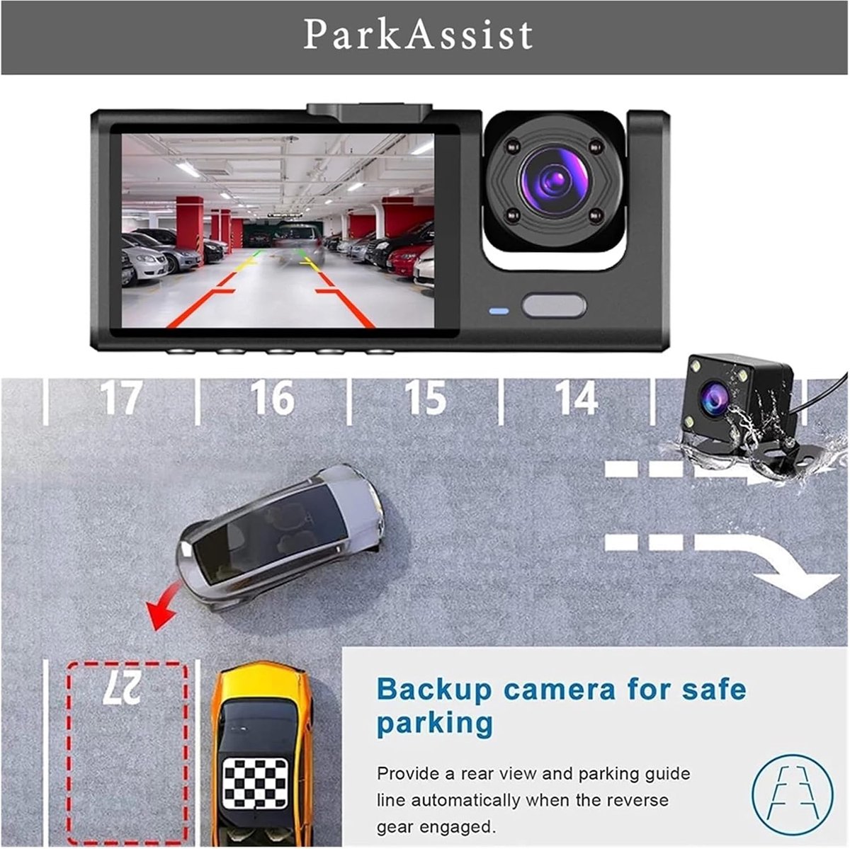 Auto DVR Camera - Dash Cam - Veiligheid Onderweg - 3 Kanalen Opname - HD 1080P - Zwart – foto 2