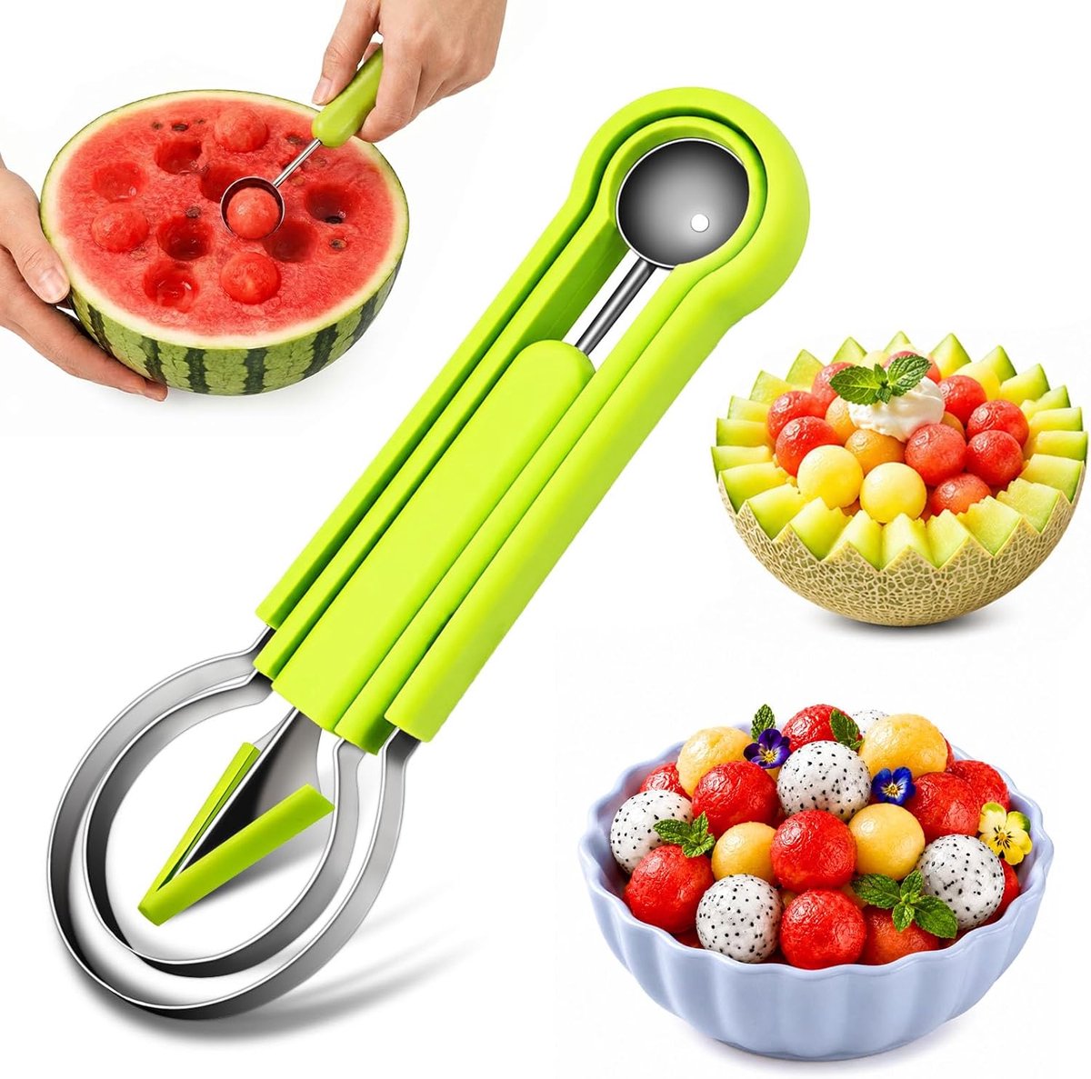 Roestvrijstalen Fruit Set – 4-in-1 Melon Baller, Carver En 2 Watermeloen Scoopers – Compact En Stapelbaar - Groen