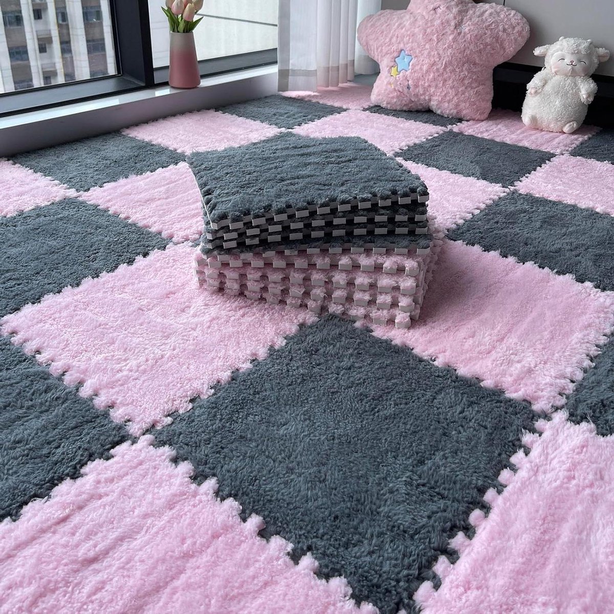Puzzelmat Schuim - Vloertegels - Zachte Vloer - Pluizig Tapijt - 10 Stuks 30x30 - Roze Gri