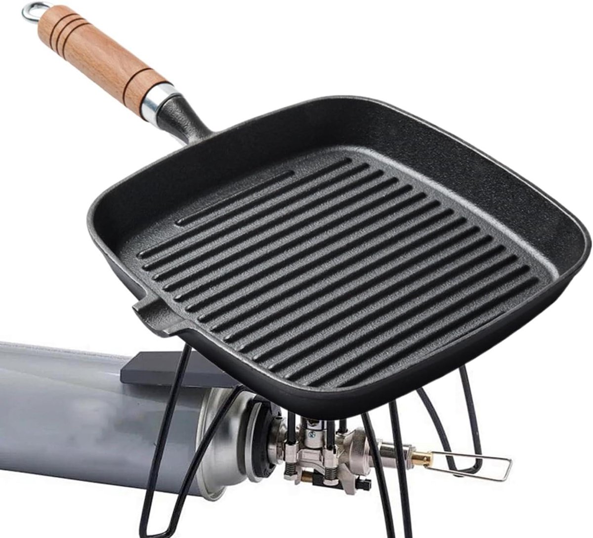 Grillpan Gietijzer Koekenpan Buiten Koken Houten Handvat 24 cm Zwart
