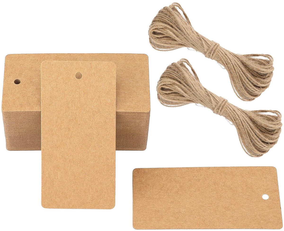 Dailygoods - Dailygoody - Handgemaakte papieren bagagelabels - Bagagelabels 100 stuks - Bruin kraftpapier - Jute koord 30 meter - Tafeldecoratie - Geschenkhanger