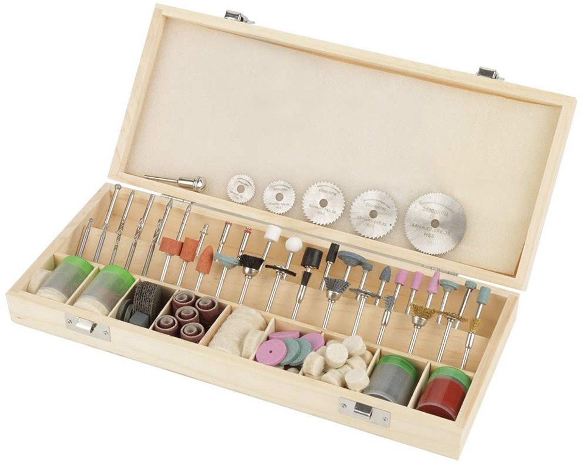 Dailygoods - Dailygoody - Multifunctioneel Gereedschapsaccessoireset - Houten Koffer - Voor Snijden en Schuren - 242-delig - Polijsten en Boren - Ideaal voor Klu