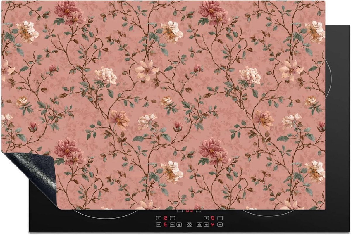 Inductie Beschermer - Kookplaat Mat - Extra Werkruimte - Botanische Print - 81x52 cm - Roze
