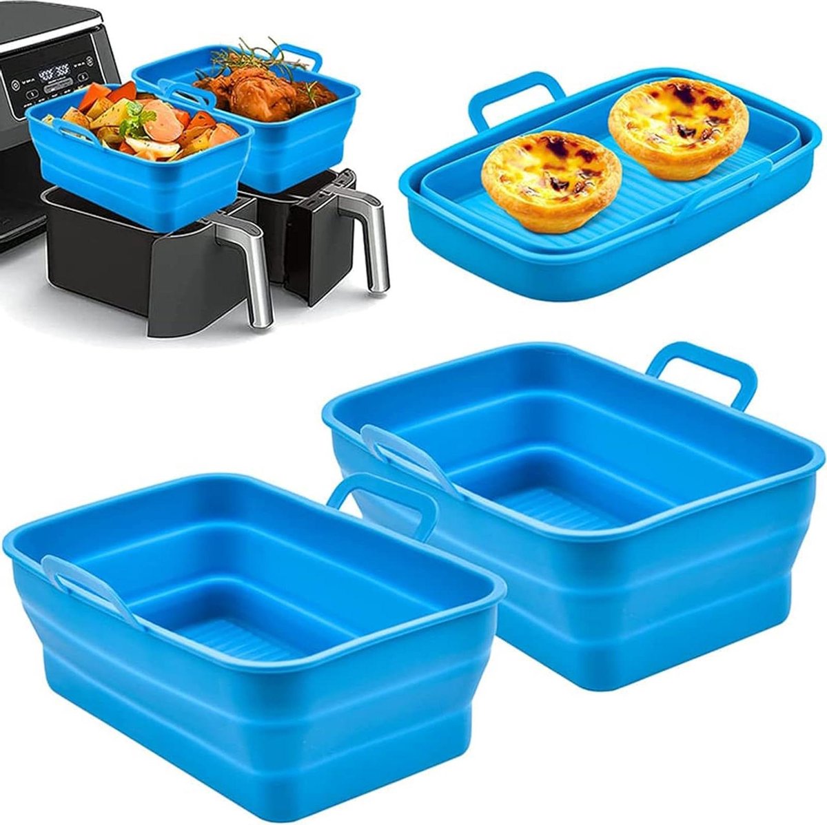 Airfryer Bakvorm - Herbruikbare Pot - Oven Schalen - Inklapbaar Ontwerp - 2 Stuks - Blauw