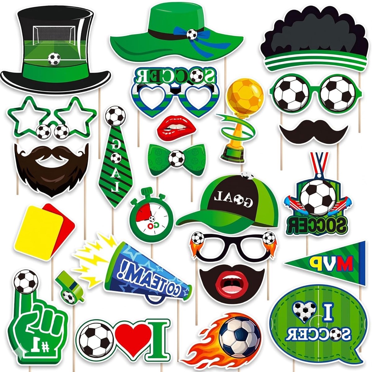 Grappige voetbal fotobox rekwisieten 25 stuks - Decoratieset voor wereldkampioenschap en sportfeest met houten stokjes en kleefpunten