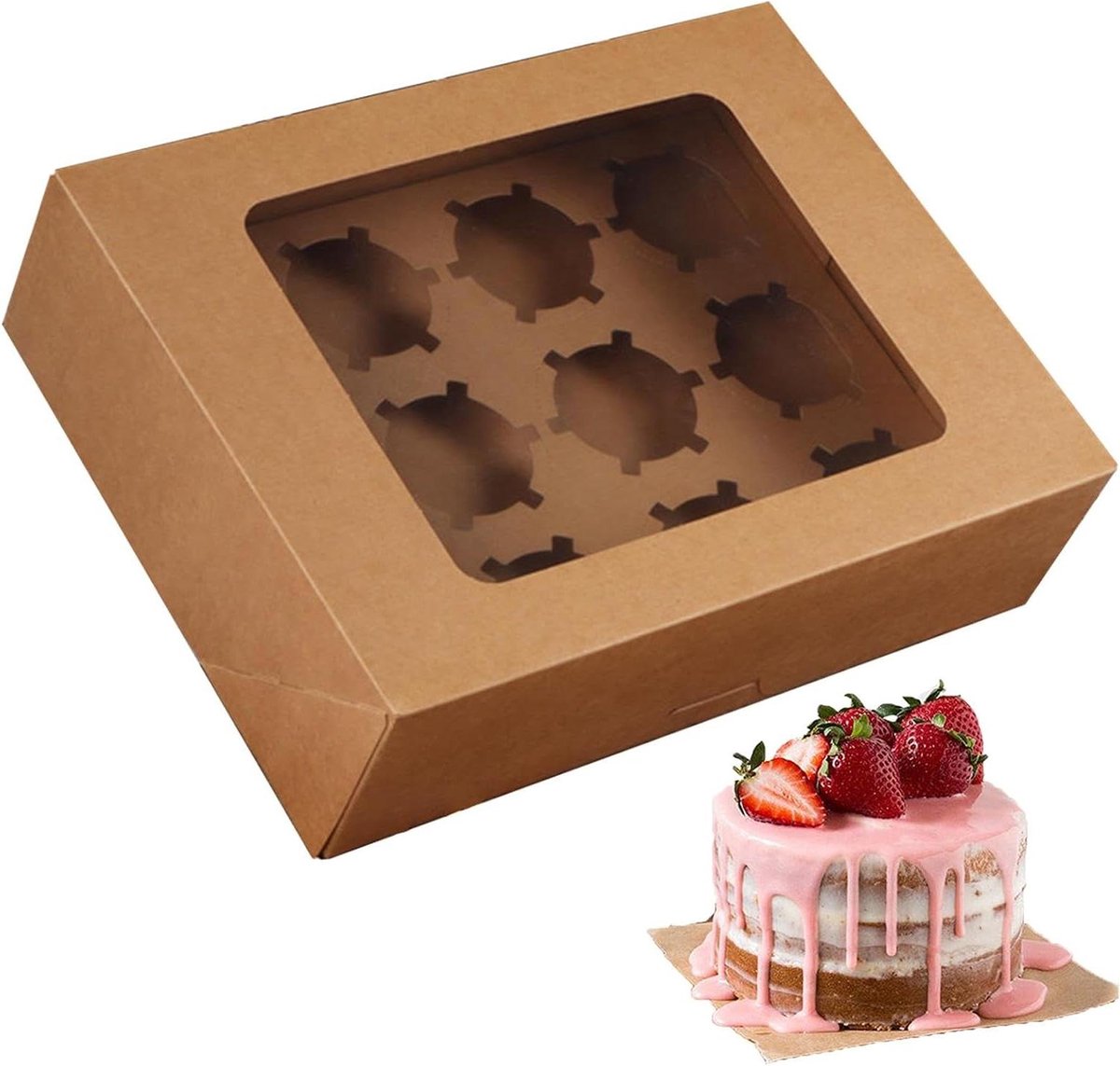 Cupcake Dozen - Muffin Bakjes - Gebak Presenteren - Met Venster - 10 Stuks - Kraftpapier