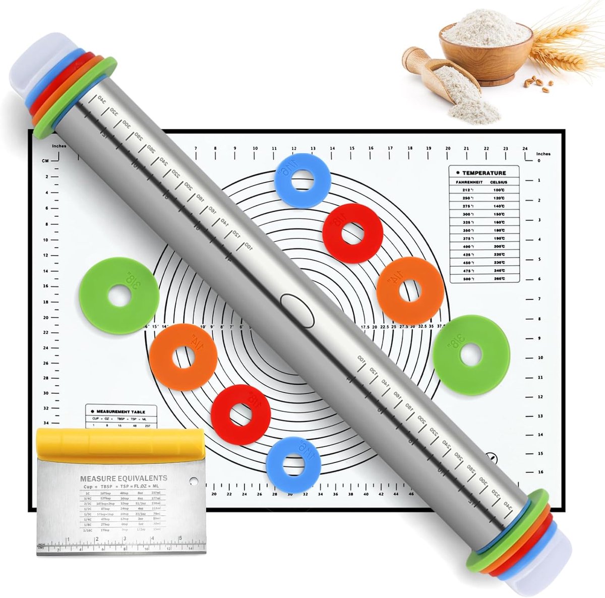 17 Inch Verstelbare RVS Deegroller Set – Met Maataanduiding en Siliconen Deegmat – Antiaanbak Rolling Pin voor Pizza, Koekjes en Bakken