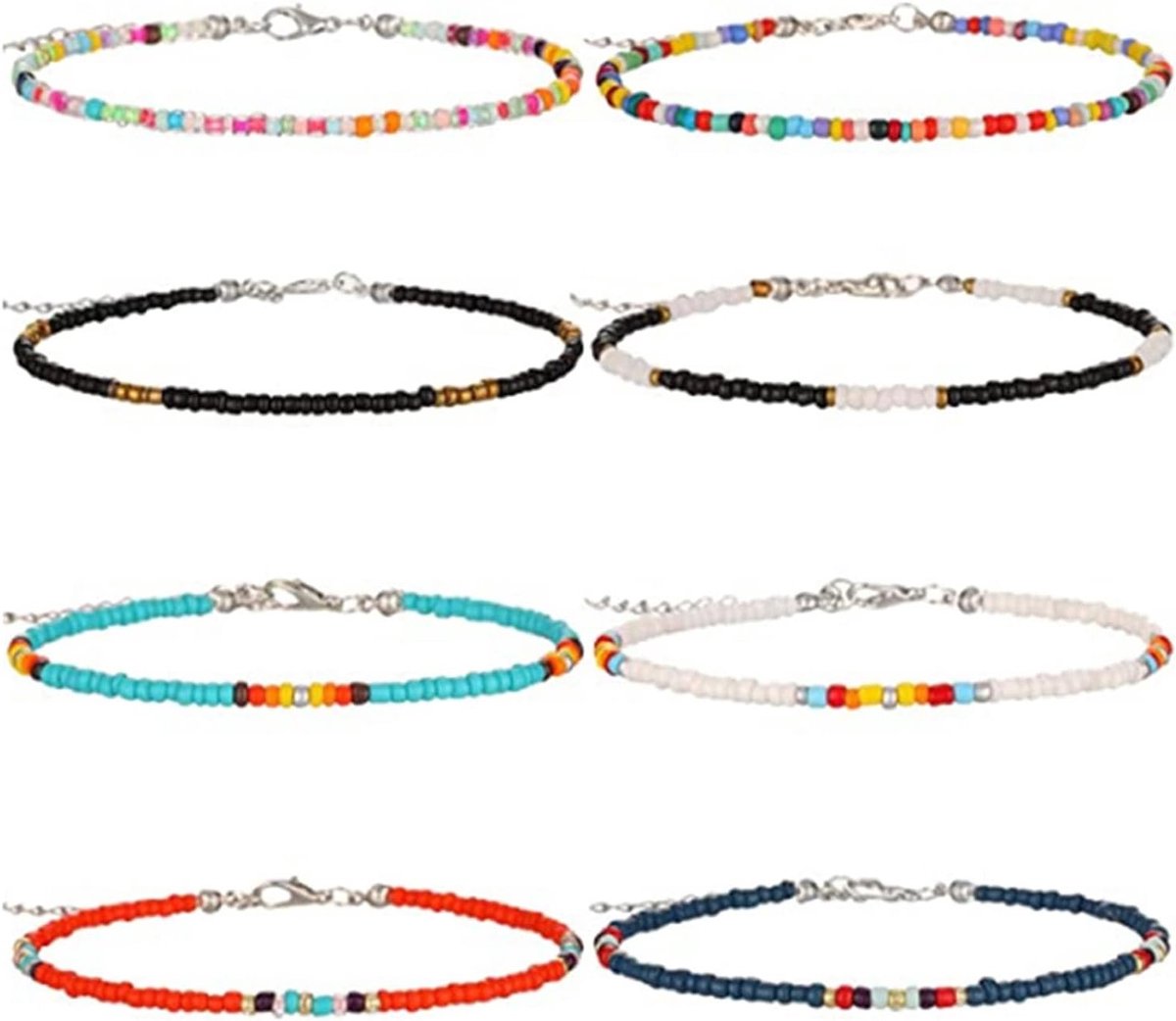 Kleurvolle Boho Enkelkettingen - 8 Stuks Verstelbare Voetkettingen met Handgemaakte Parels, Modieuze Strandanklets voor Vrouwen en Meisjes, 22 Centimeter