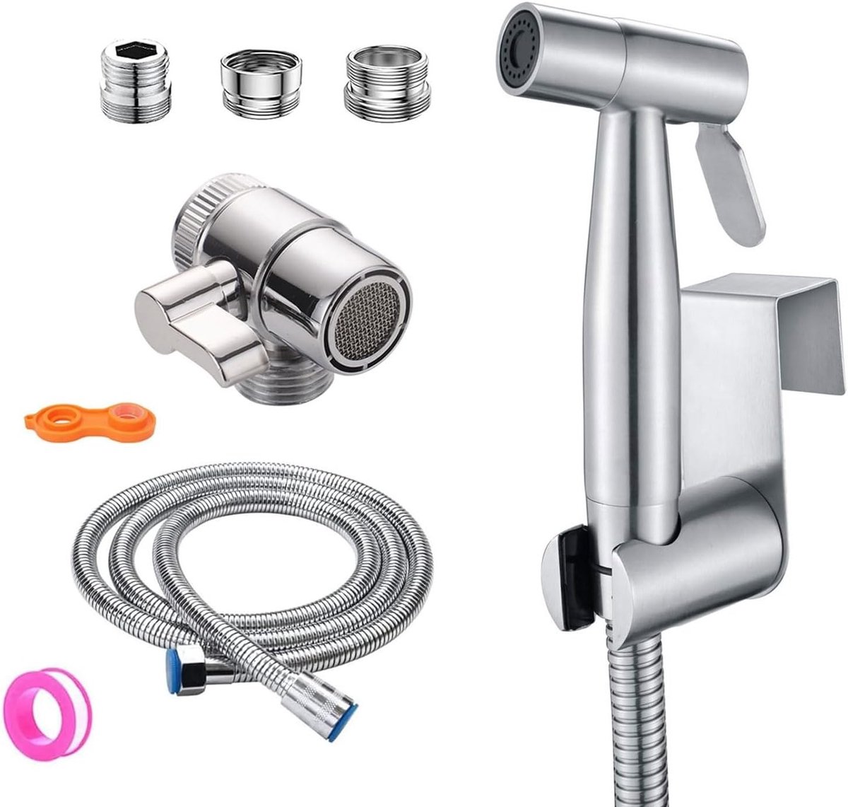 Draagbare bidet spuitset met RVS handdouche voor bidettoilet, 2-weg doucheverdeler, 1,5m slang en houder voor handdouche, ideaal voor hygiëne en comfort