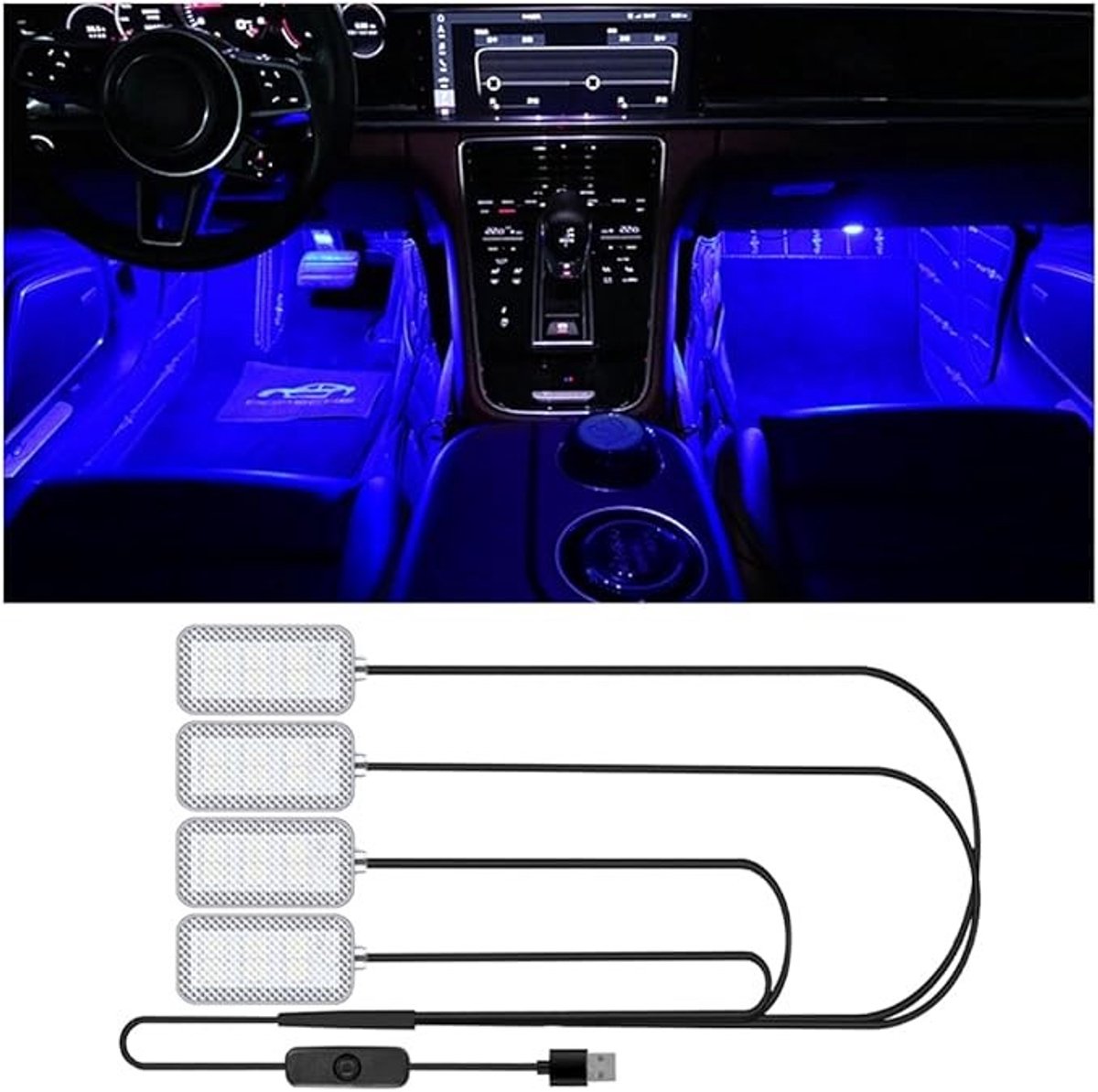 Auto-interieur LED-strip, 4-in-1 waterdichte sfeerverlichting met USB-poort
