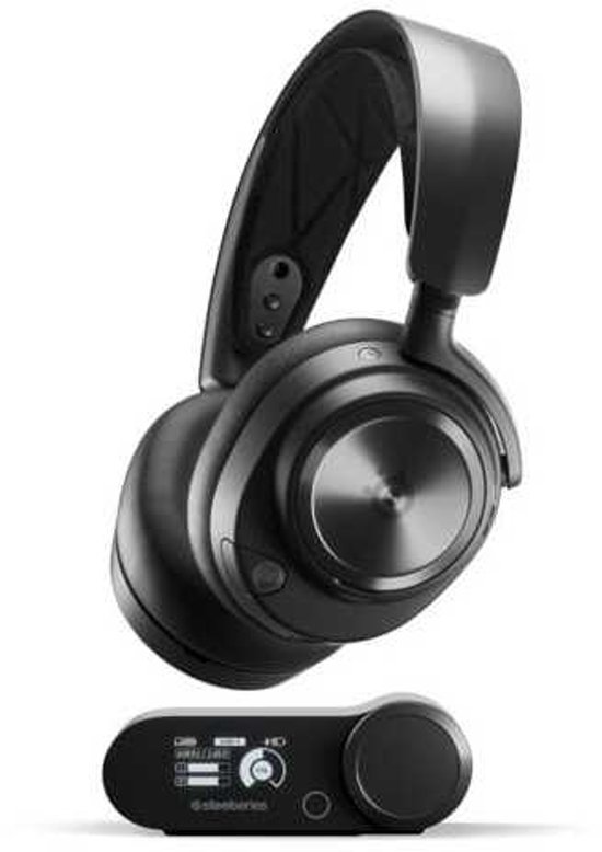 Zwarte SteelSeries Arctis Nova Pro draadloze gaming headset met oorkappen en een bijpassende zender.