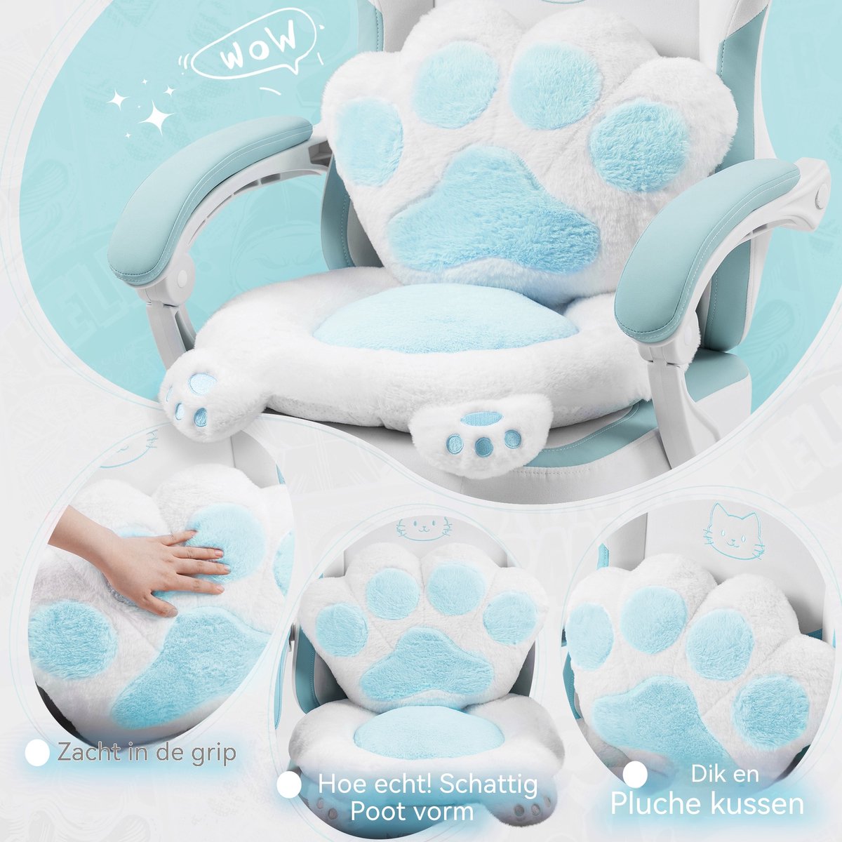Dowinx Gaming Stoel Ergonomisch met Voetsteun – Vleugelloze Zit – Verstelbare Rugleuning – Zachte Stof – Blauw-wit – Voor Gaming, Werk en Studie – Middelgroot – foto 7