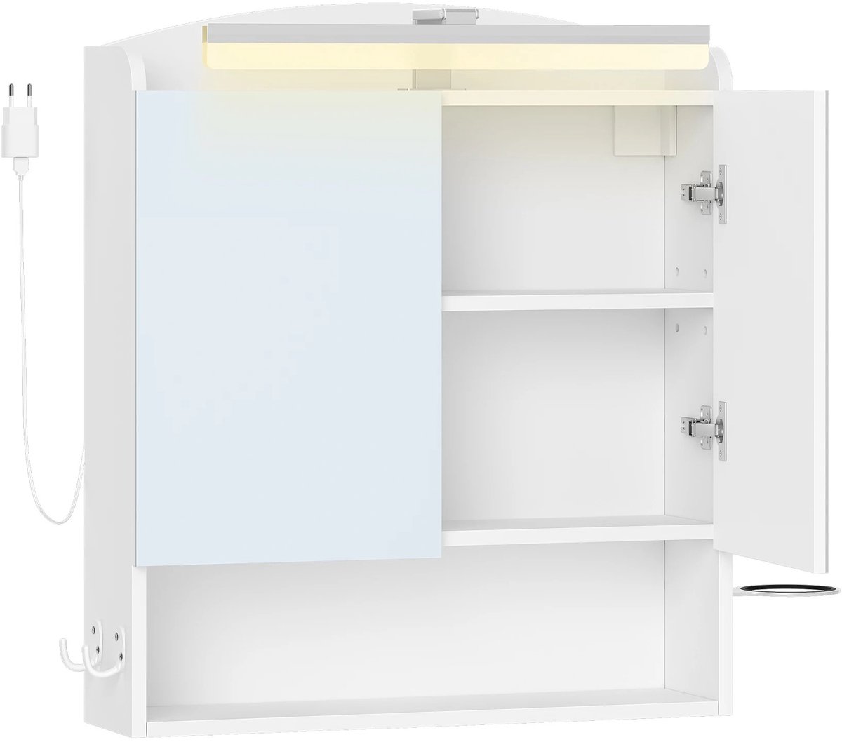 Hutjemutje - spiegelkast met verlichting - wandkast - verstelbare plank - met fohnhouder en haken - 180° draaibaar licht - 15 x 60 x 64,2 - wit