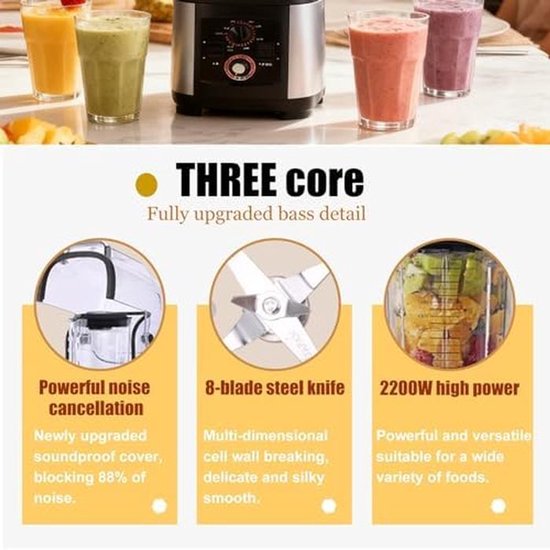 Krachtige, geluidsdichte blender van 2200 W met geluidsdempend schild, grote inhoud van 2 liter, snelle ijsvergruizer, zelfreinigend, multifunctionele professionele smoothie maker — afbeelding 4