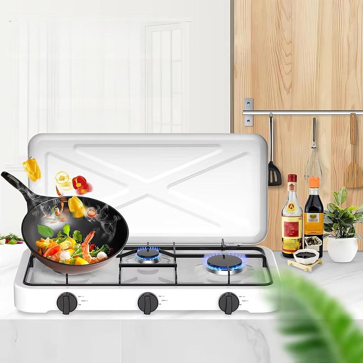 Campinggasfornuis 3-pits - Draagbaar Kooktoestel - Buiten Koken - Automatische Ontsteking - 577 x 278 x 60 mm - Wit