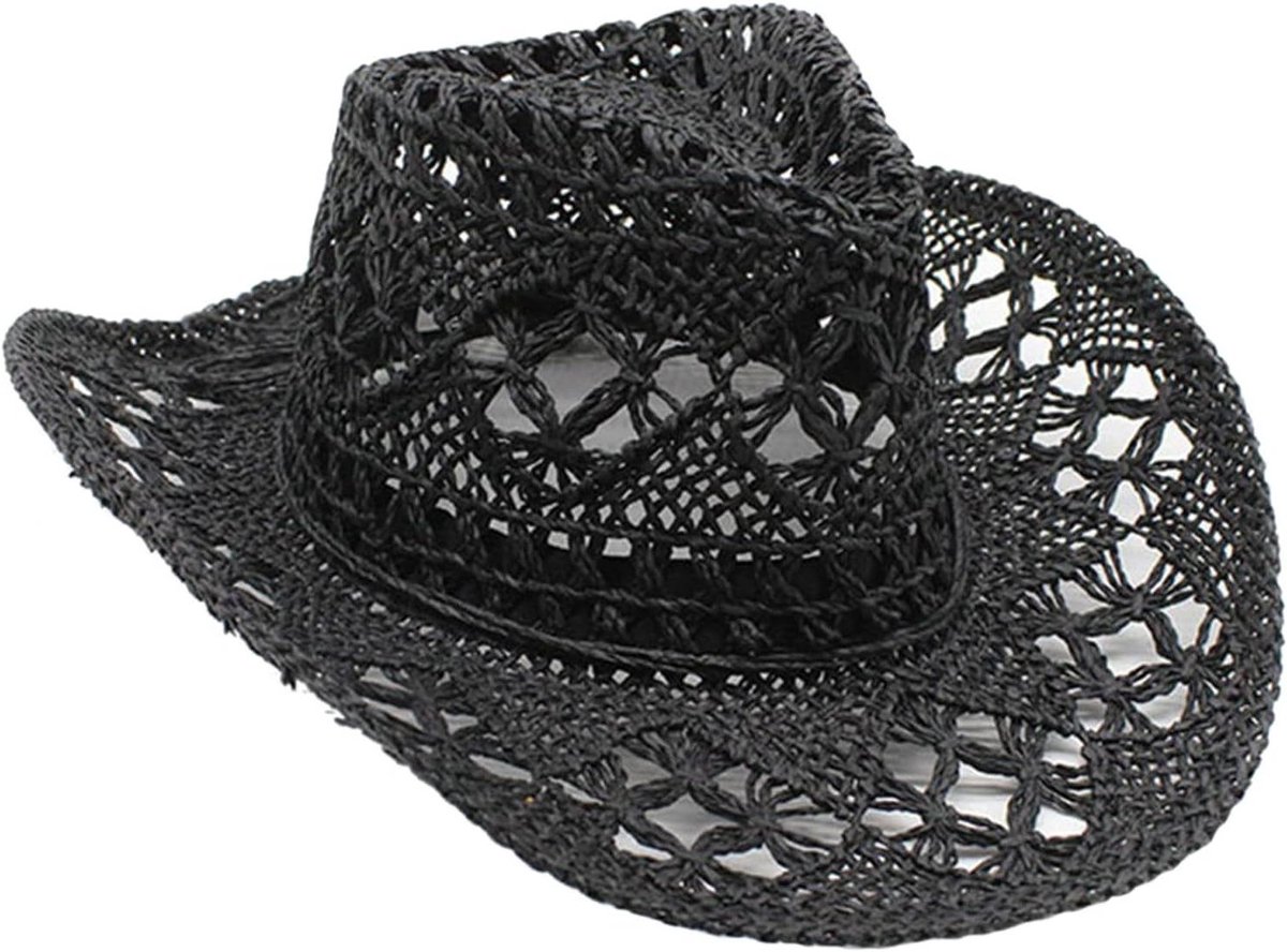 Stro Cowboy Hoed - Western Hoed - Zon Bescherming - Uitgewerkt Design - Eén Maat - Zwart