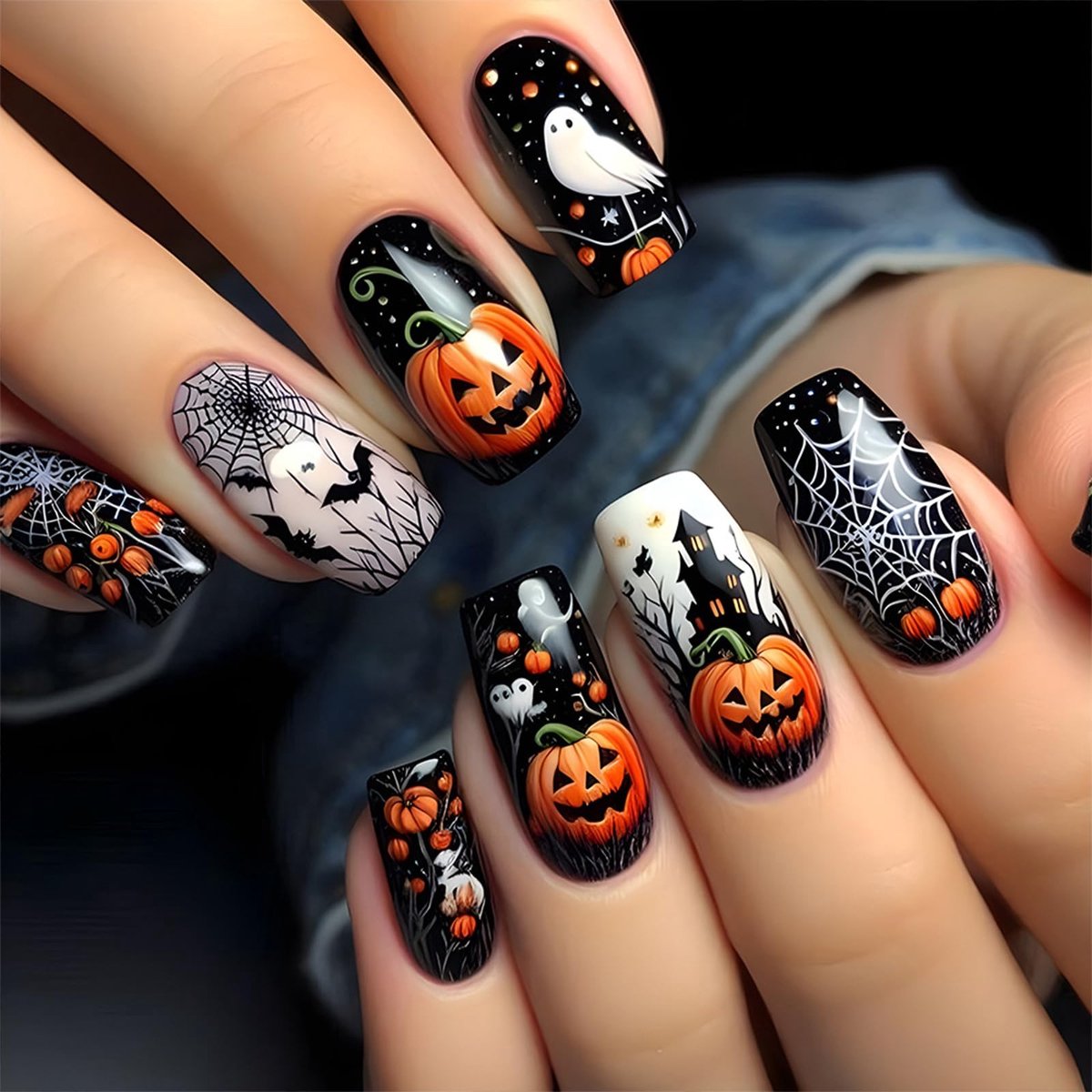 Dailygoods - Innovra - 24 Stuks Halloween Press-On Nagels met Vleermuis en Pompoen Design