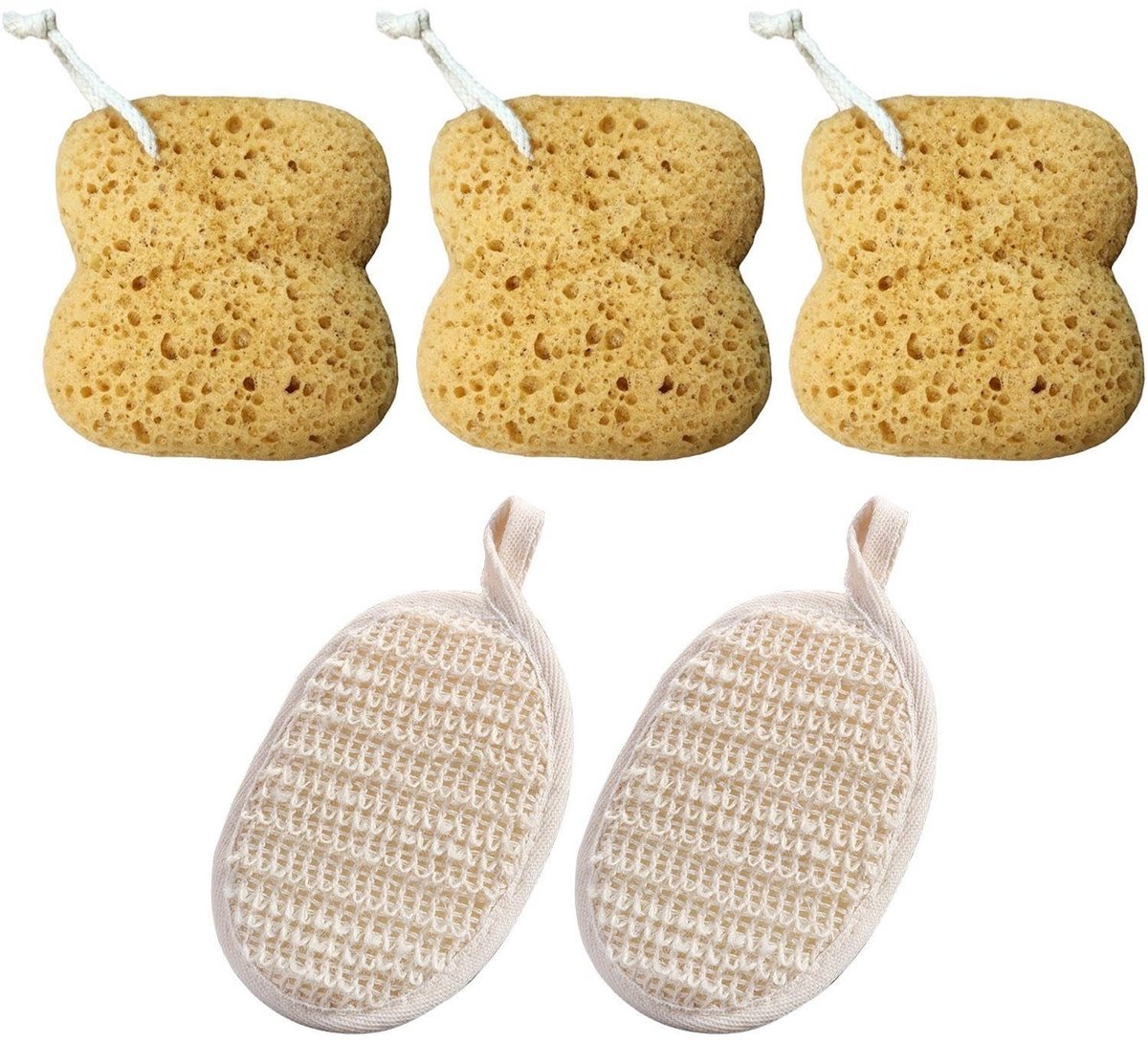 Dailygoods - Set van 3 Badkamersponsen en 2 Badhanddoeken