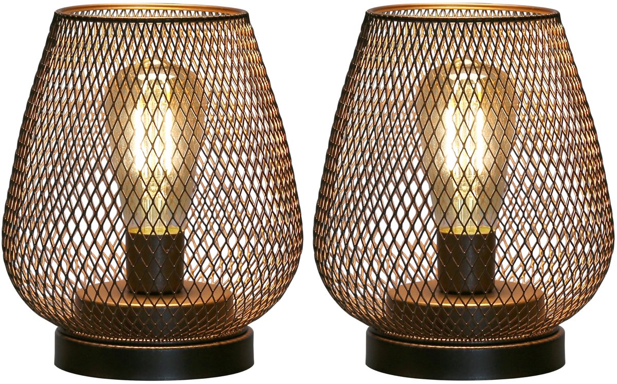 carmdering - Kooilamp - Tafellamp - Vintage Lamp - Set van 2, batterij (3x AAA), warmwit LED - Metaal en glas, 14×14×17 cm - Stabiele voet, draadloos, ideaal voor binnen en buiten - Perfect cadeau voor housewarming en verjaardag