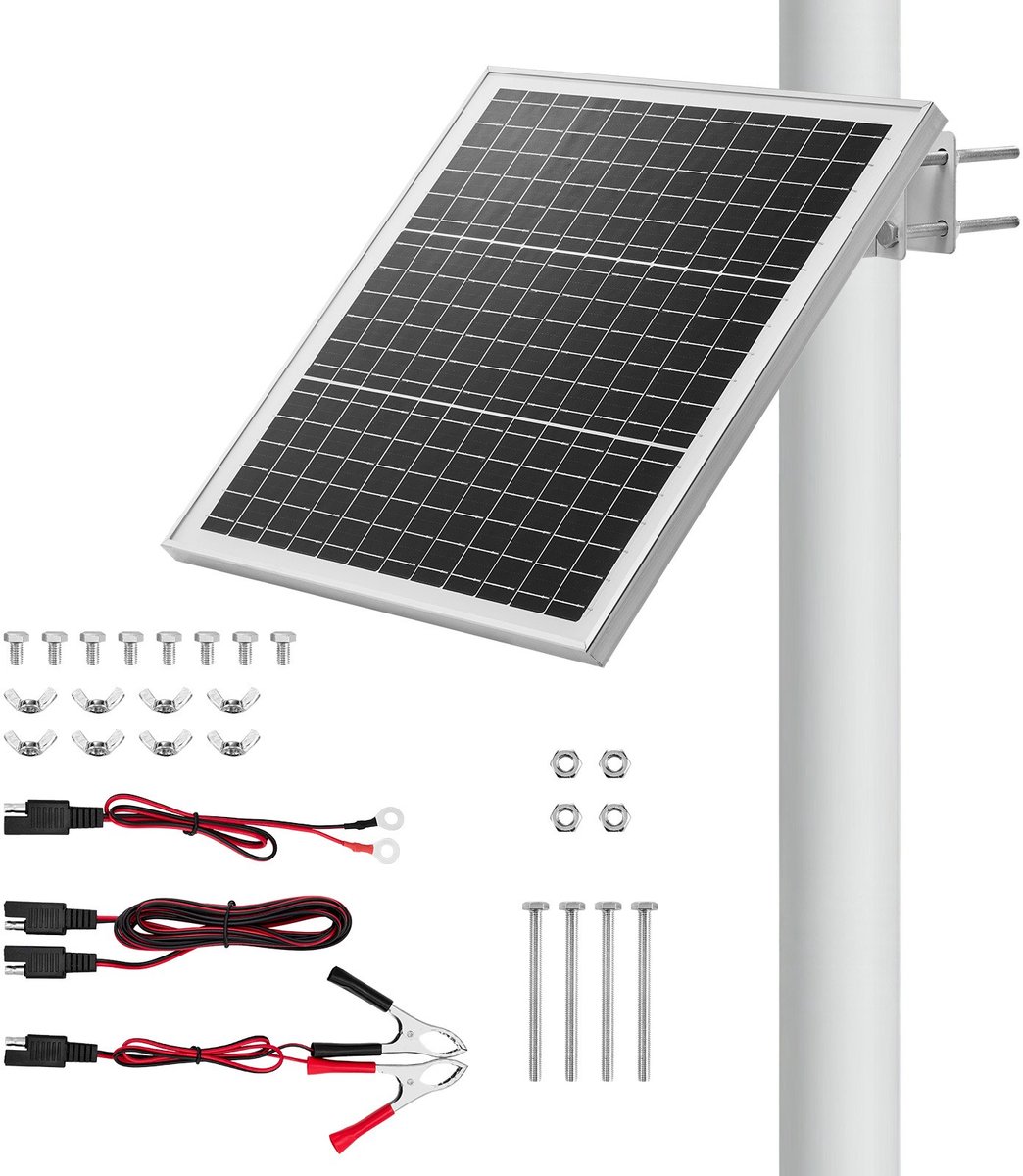 Zonnepaneel Acculader/Oplader - 20W 12V Monokristallijn Set - Met Laadregelaar - Verstelbare Mastbevestiging 0-60° - Voor Masten 40-80 mm - Weerbestendig