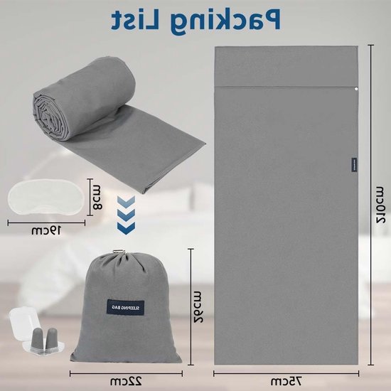 Lichtgewicht Slaapzak Laken - Reishoes Binnen - Reizen en Kamperen - Met Kussencompartiment - 210x75cm - Grijs — afbeelding 3