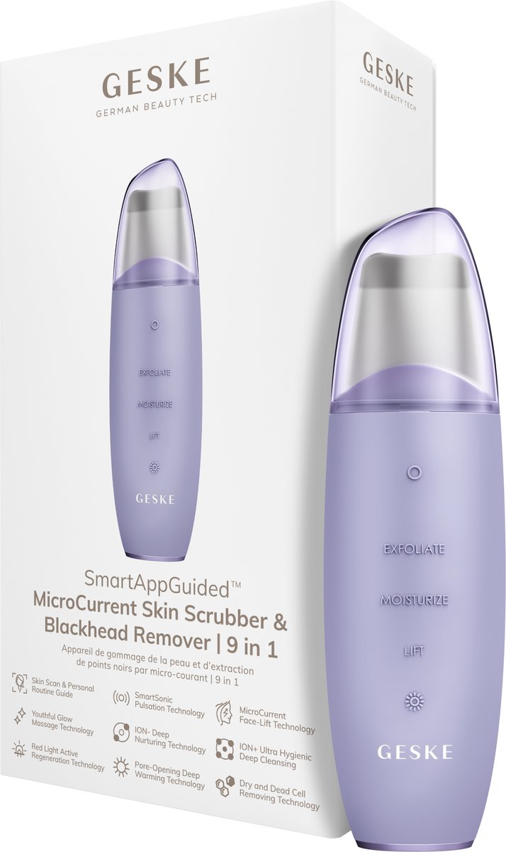 GESKE | SmartAppGuided™ MicroCurrent Skin Scrubber & Blackhead Remover | 9 in 1 | Tools huidverzorging | Gezichtsreiniging | Anti-aging en reiniging | Professionele facelift | Mee-eter verwijderaar