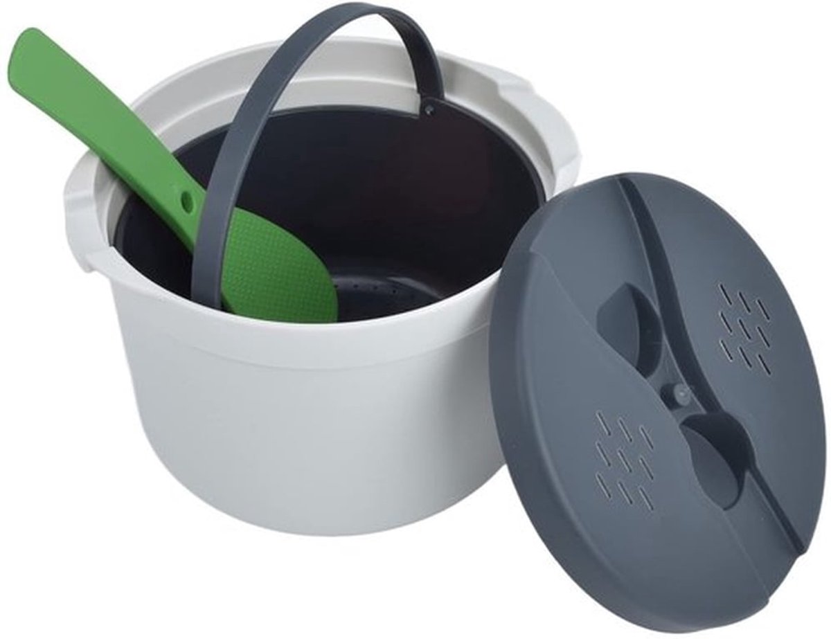 2 liter magnetronrijstkoker met afsluitlepel, PP-materiaal van voedingskwaliteit, deksel, zeef en stoomset, magnetronrijstkoker voor thuisgebruik, 18,5 x 18,5 x 13 cm, groen