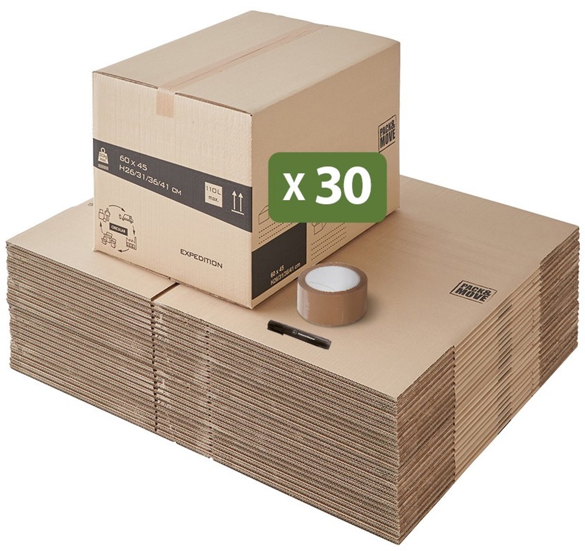 Pack and Move - Set 30 verhuisdozen moduleerbare hoogte variabel, aanpasbaar - 60 x 45 x 31-41 cm - Versterkte handgrepen - 1 tape gratis