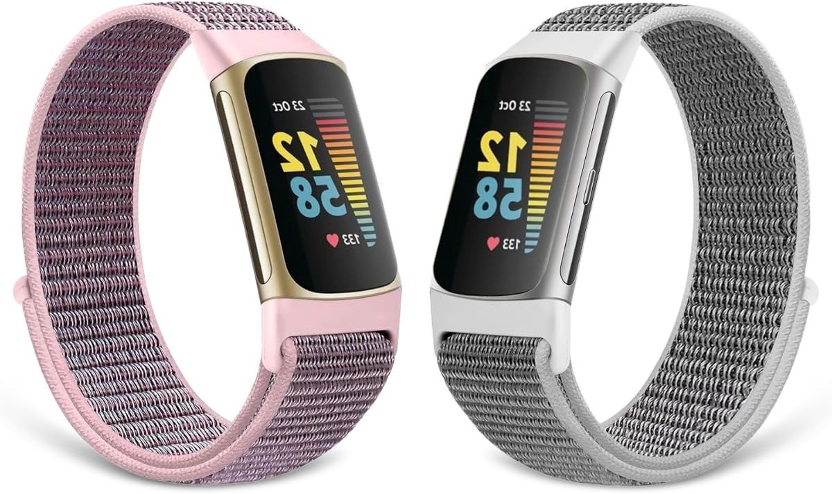 Pack van 2 Nylon Hardlooparmbanden, Verstelbare en Ademend Sportloop Horlogeband voor Fitbit Charge 6-5, Geschikt voor Polsmaat 160-210mm, Grijs en Roze