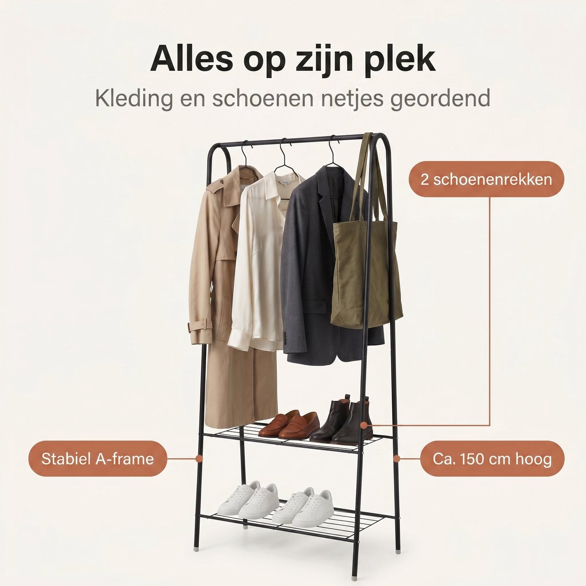 Cheqo® Kledingrek met Schoenenrek - Garderoberek - Kledingstang - Open Kledingkast - Kledinghanger - Kledingstandaard - Zwart - Industrieel - Ophangrek - Klerenrek - Kapstok - Garderobe Opbergrek - voor Slaapkamer en Hal en Entree – foto 4