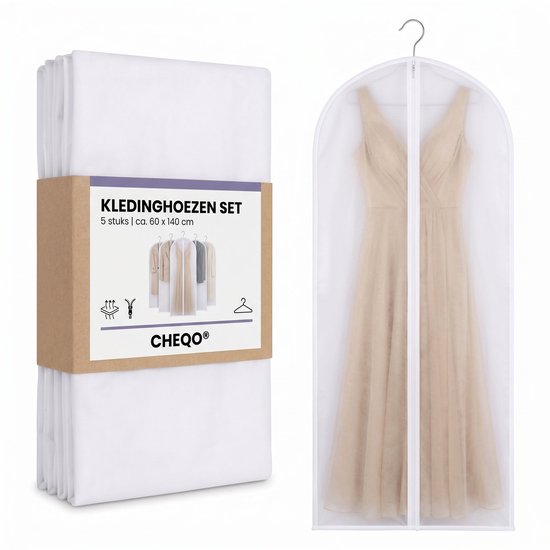 Set van 5 kledinghoezen en één beige jurk in een hoes, 60 x 140 cm.