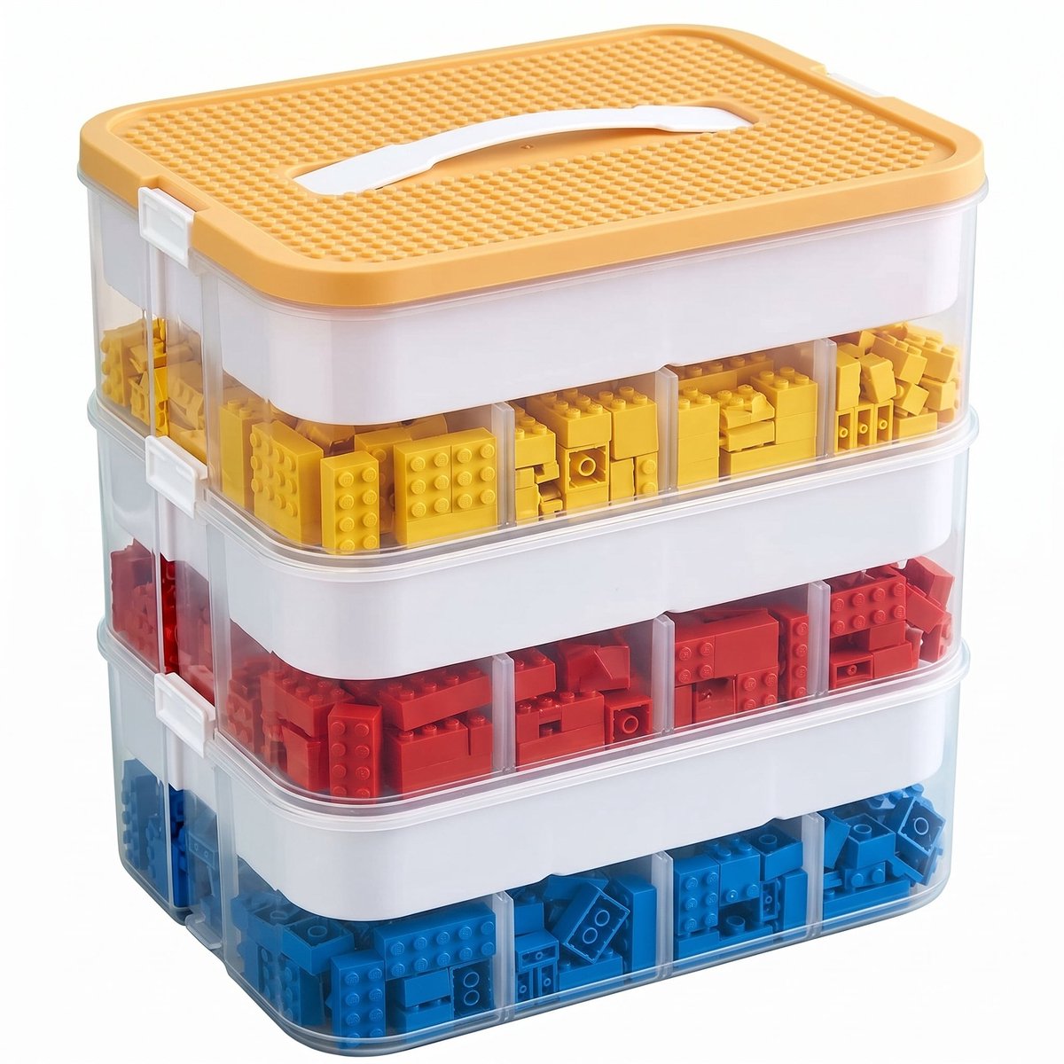 Cheqo® Opbergbox Bouwstenen Stapelbaar 3 Lagen - Opbergdoos voor LEGO Speelgoed - Transparant - Verstelbare Vakken - Sorteerdoos voor Kinderen - Knutselspullen Organiser - Blokkenbox - Speelgoeddoos met Handvat en Deksel - Opbergkist