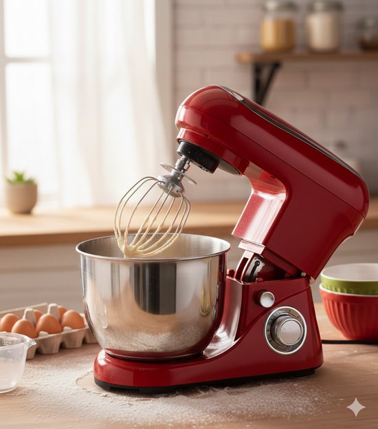 Cheffinger Keukenmixer - Rood - 6.5L Mengkom - Keukenrobot - 3 Accessoires - Keukenmachine - 1600W van Merkloos — afbeelding 5
