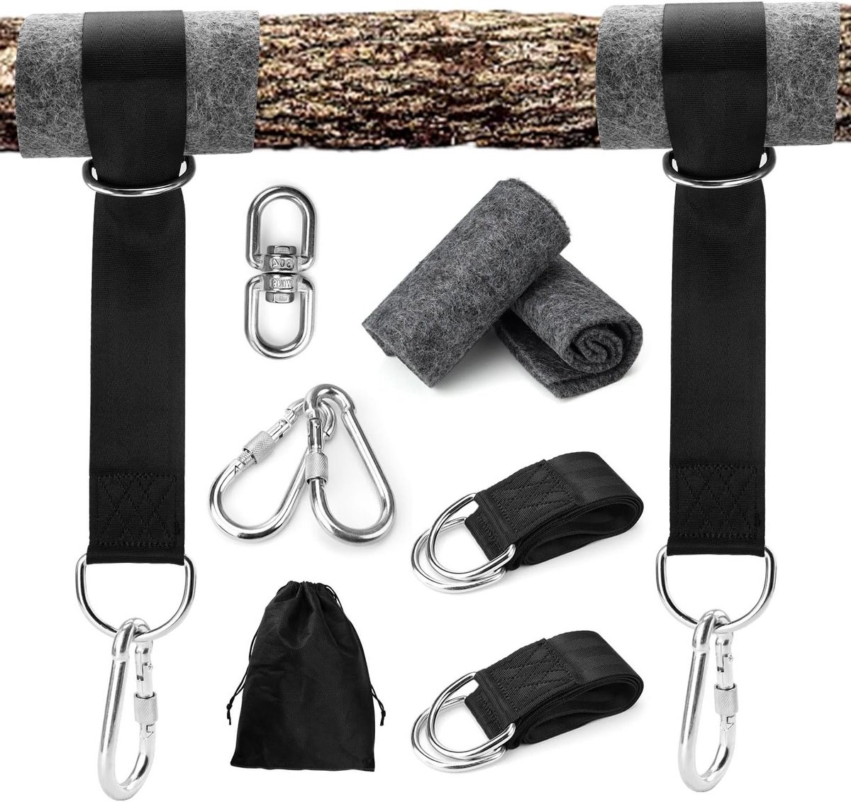Swing Bevestiging 90 cm met D-ringen, Geschikt voor Hangstoelen en Schommels, Tot 500 kg, Inclusief Boombescherming en Touwen voor Hangmatten en Schommelstoelen