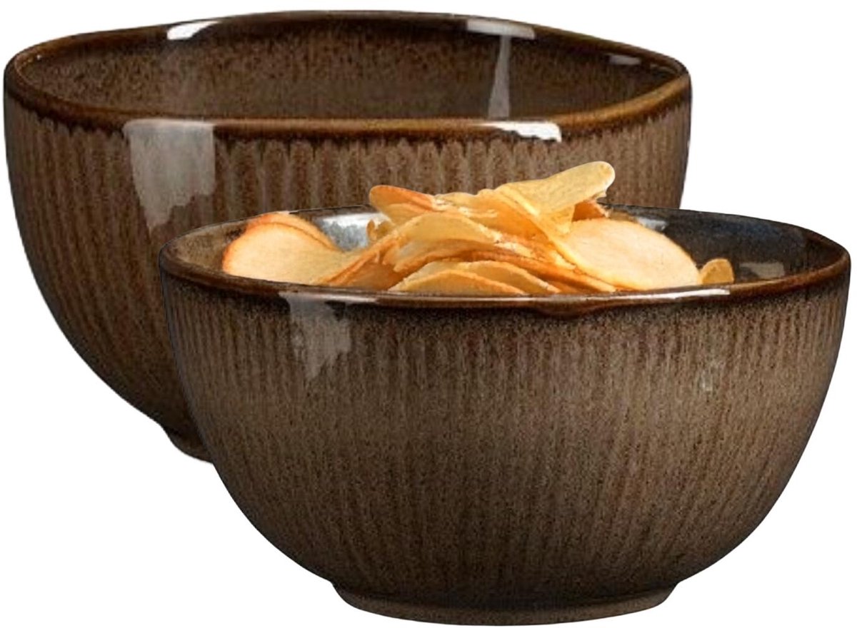 Mica Decorations Serveer/chips schaaltje Nusa - 2x - bruin - 12 x 7 cm - keramiek - kommetjes