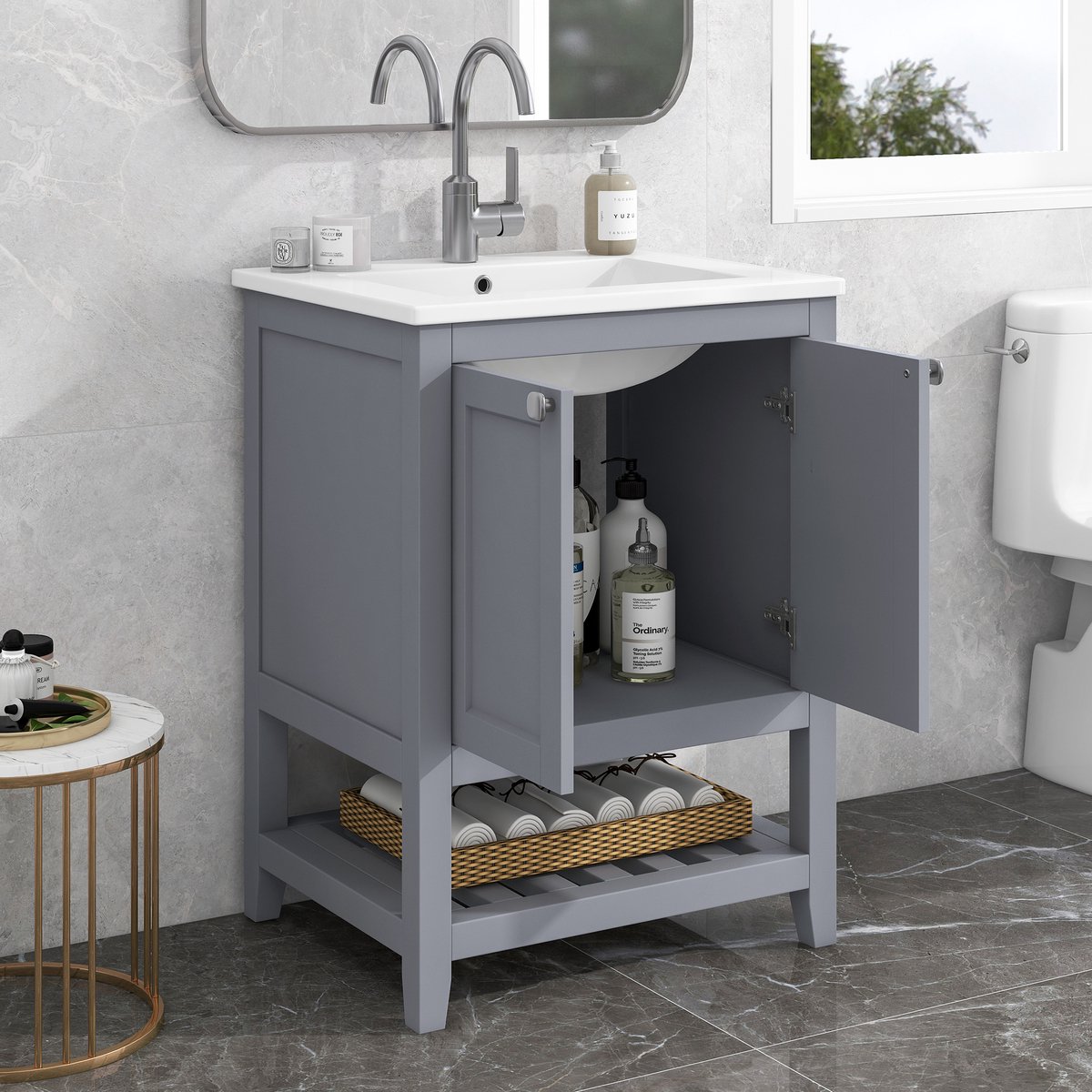 FloraGrace Badkamermeubel Met Wastafel - Keramische Wasbak En Onderkast - Vrijstaand Voor Badkamer - Massief Hout En MDF - 60 Cm - Grijs Wit