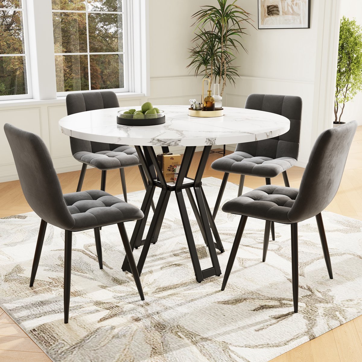 MIVRAY Eettafelset - Ronde Tafel Met 4 Fluwelen Stoelen - Moderne Eethoek Voor Keuken En E