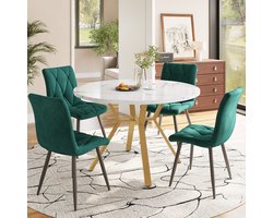 FloraGrace Eethoek 5-Delig - Ronde Tafel Met 4 Ergonomische Stoelen - Marmerlook MDF En Staal - Eetkamer - Goud Groen