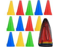 12 Verkeerskegels, Pionnen, Veiligheidskegels, Pylonen (4 Kleuren, 23cm) - Motor Gymkhana, Sport, Parcours, Voetbal, Kinderspellen, Hondentraining