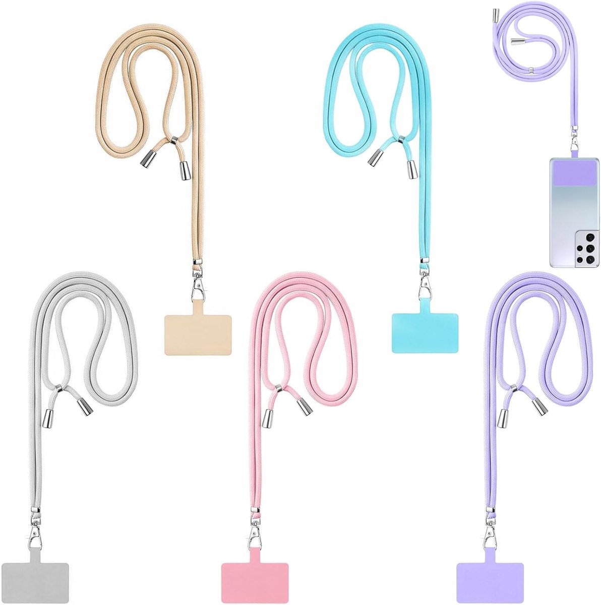 5-Pack Universele Telefoonketting Set - Mobiele Telefoon Lanyard voor Om de Hals & Polsband met Bevestigingspatches voor Smartphones in 5 Kleuren, Handig en Duurzaam