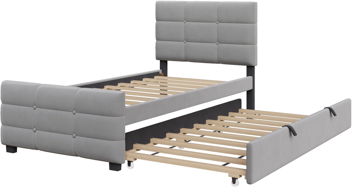 Merax Gestoffeerd Bed 90x190 cm - Fluweel - met Uitschuifbaar Logeerbed - Kinderbed - Grijs