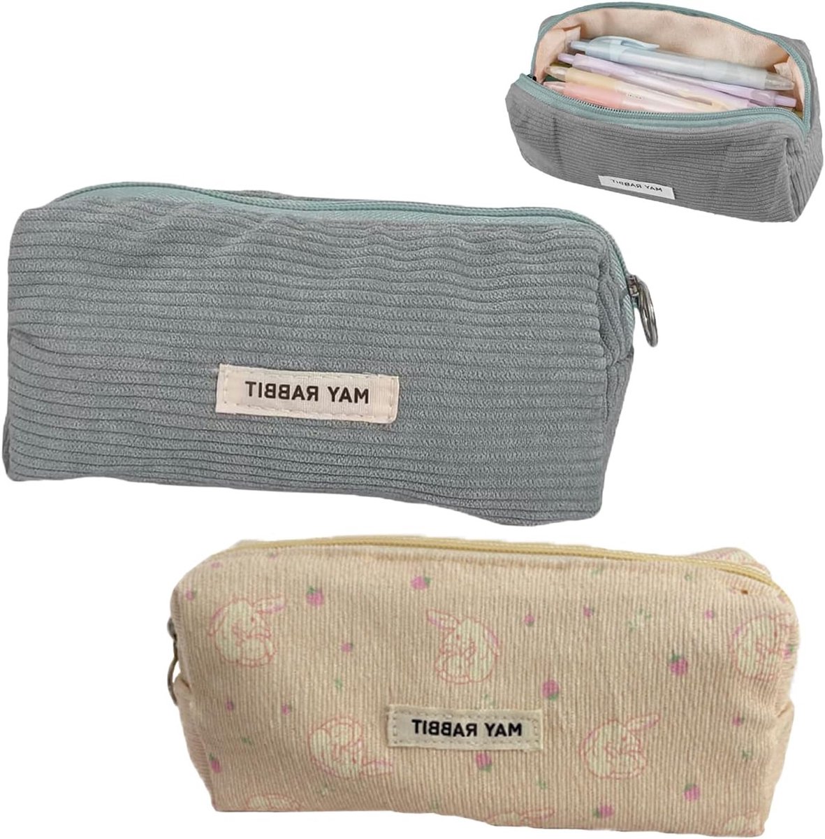 Ribbelvelours Pennenetui Set van 2 met Praktische Rits en Grote Capaciteit voor School en Kantoor, Geschikt voor Meisjes, Blauw-Grijs en Roze Konijn Design
