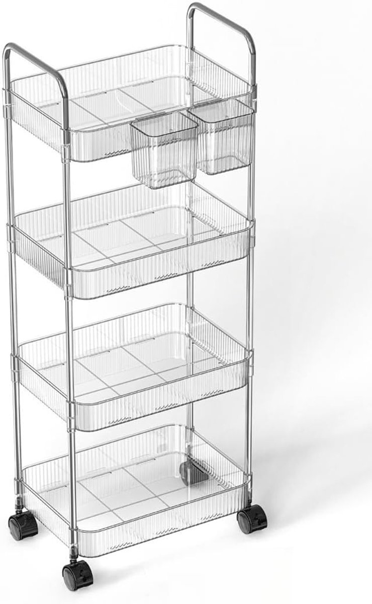 Verrijdbare Trolley met 4 Plateau's - Multifunctionele Opbergkar RVS & Acryl