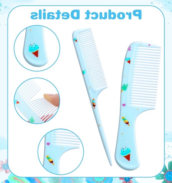 Set van 4 Baby Kammetjes met Schattige Patronen, Fijne Tanden en Ratstaart Kam voor Baby's en Peuters in Roze en Blauw, Ideaal voor Hoofdhuidverzorging en Haarstyling