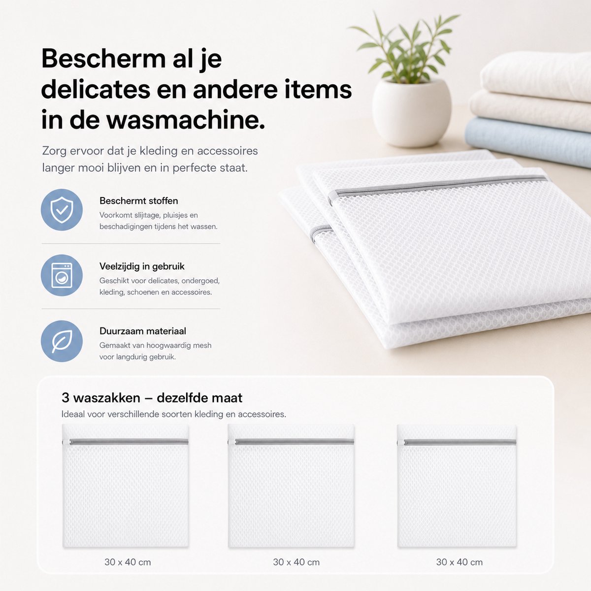 BOTC Waszakken - Wasnetten - Set van 3 - 30x40cm - Bescherm je Wasgoed en Wasmachine - Wit — afbeelding 6